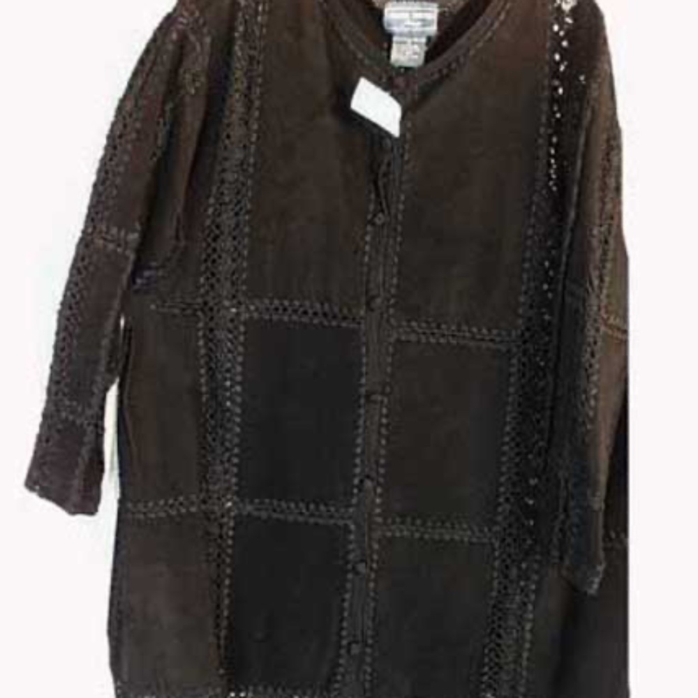 JACKET, SUEDE, MISSES 16, DARK BROWN, ADDITION ELLE, TUNIC LENGTH, CROCHET
